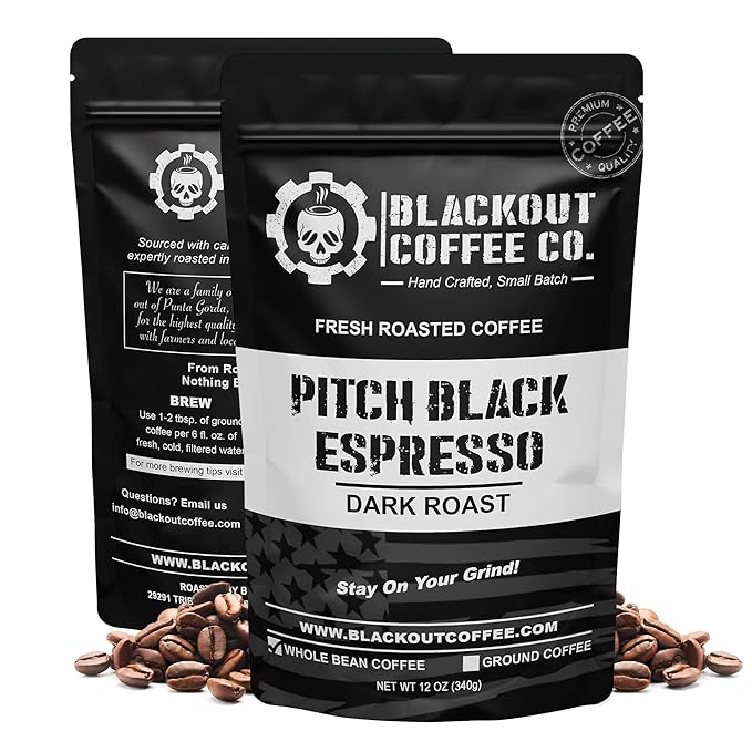 Blackout Coffee Pitch Black Espresso Whole Bean Coffee – Extra Dark Roast, European-Style, Powerfully Bold – Freshly Roasted 12oz Bag, American Made