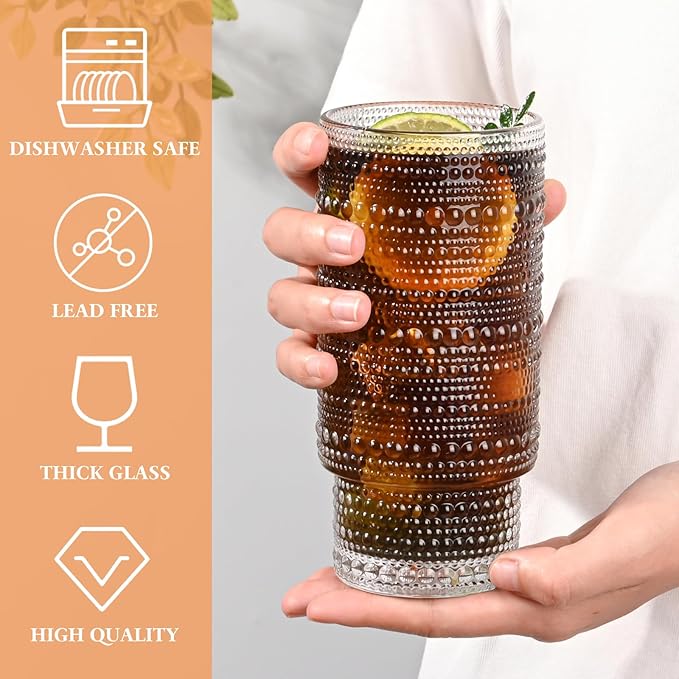 16OZ Glass Tumbler with Straw and Lid,Glass Cups with Lids and Straws,Ribbed Iced Coffee Cups Vintage Embossed Glassware for Juice Whiskey Cocktail Beer(2Pack)