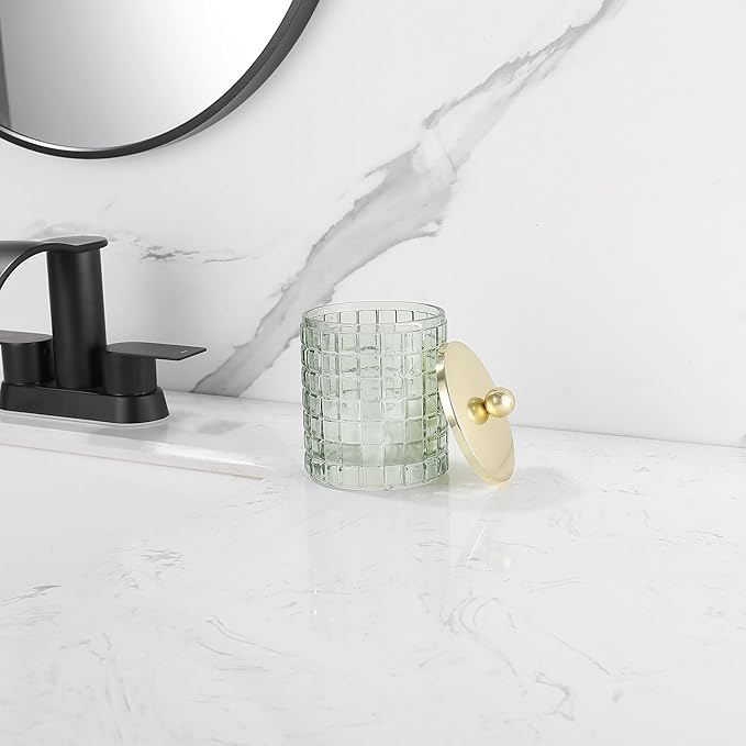 Glass Jar with Metal Lid for Bathroom Organization, Clear Apothecary Jar for Cotton Balls, Q Tips, and Small Accessories, Stylish Bathroom Storage Container Sage Green, Gold