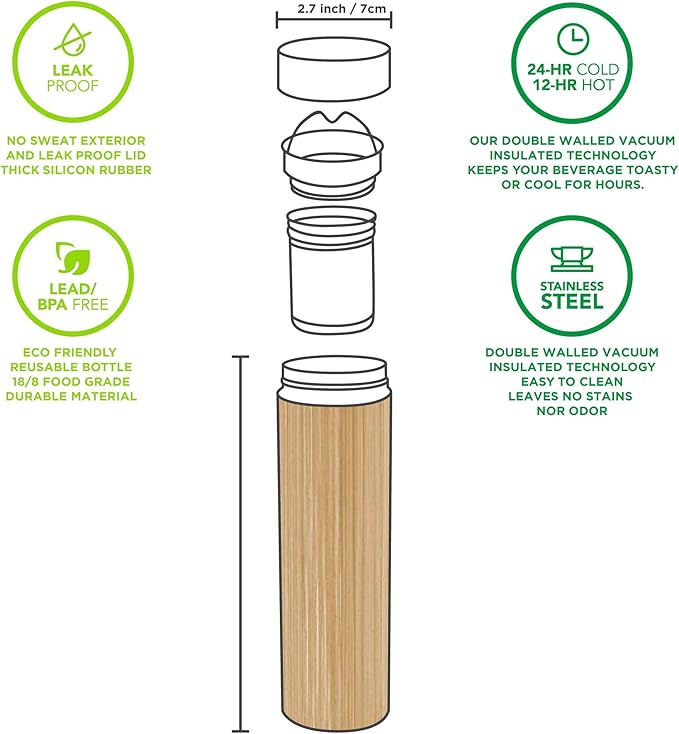 Dr. Zisman ZT Double-Walled Stainless-Steel Tea Infuser Bottle or Travel Mug Cup Container - Leak-Free Insulated Thermos Tumbler for Keeping Hot and Cold Water or Beverages (Bamboo)