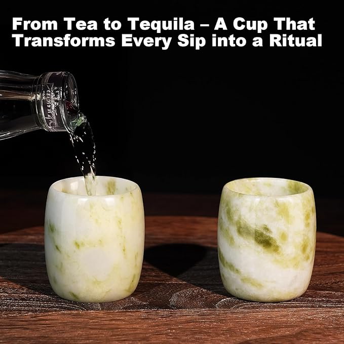 Handcrafted Natural Jade Shot Glasses – Set of 2 | 1.8 oz Whiskey, Espresso & Tequila Cups in Unique Drum Shape, Oriental Inspired Luxury Gift for Men & Whiskey Lovers
