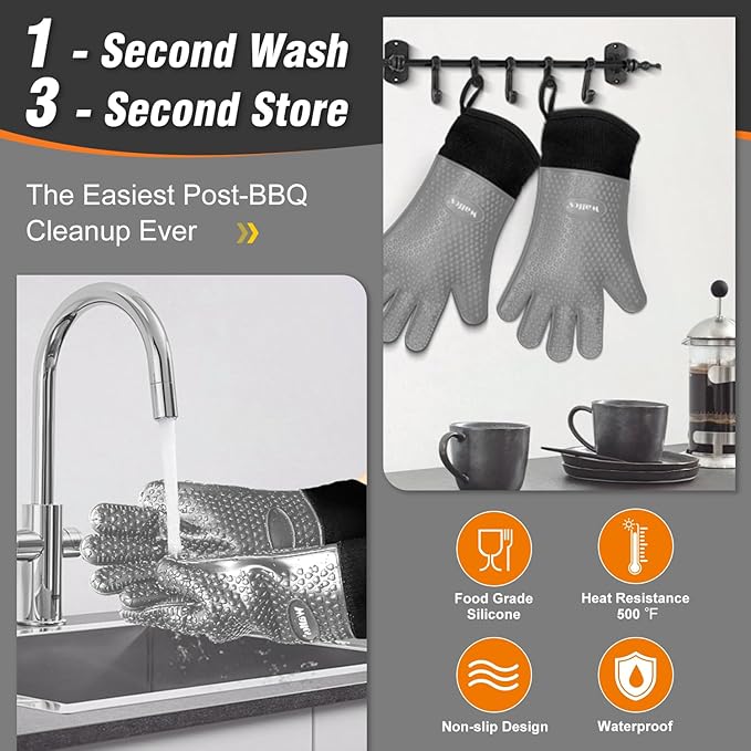 Walfos Silicone BBQ Gloves - Heat Resistant Grilling Gloves, Premium Non-Slip Kitchen Silicone Oven Mitt with Protective Cotton Layer Inside, Waterproof, Great for Grilling, Kitchen and Cooking, Gray