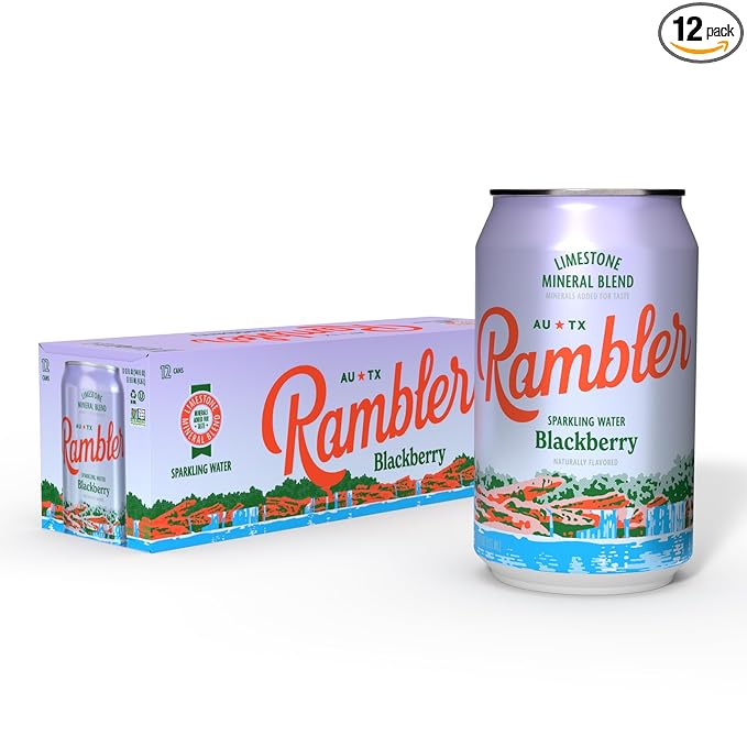 AUTX RAMBLER Sparkling Water, Texas Limestone Mineral Blend, Blackberry Flavor, 12-Ounce Cans, 12-Pack