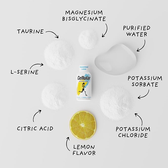 Cellular Hydration Shots Unsweetened Lemon Flavor – 24 Pack of 1.93 fl oz Shots – Electrolytes – Amino Acids – Zero Sugar – Zero Sodium – Vegan – Gluten-Free Hydration
