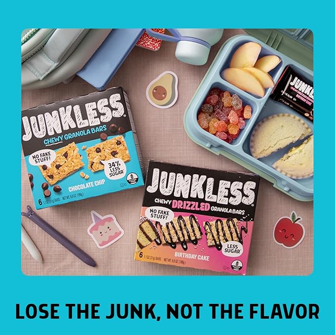 JUNKLESS Chewy Granola Bars Twin Pack – Chocolate Chip & Cinnamon Roll (12 Bars)–Less Sugar, Non-GMO, Gluten-Free, Wholesome Snack Bars for Kids & Adults, 2 Boxes