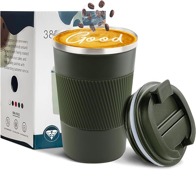 YINBAOGE Insulated Travel Coffee Mug Spill Proof Leak Proof Pobtable To Go Camping Stainless Steel Coffee Tumbler Reusable Coffee Cups with Lids Thermos for Hot and Cold Drink (Green, 12 OZ)
