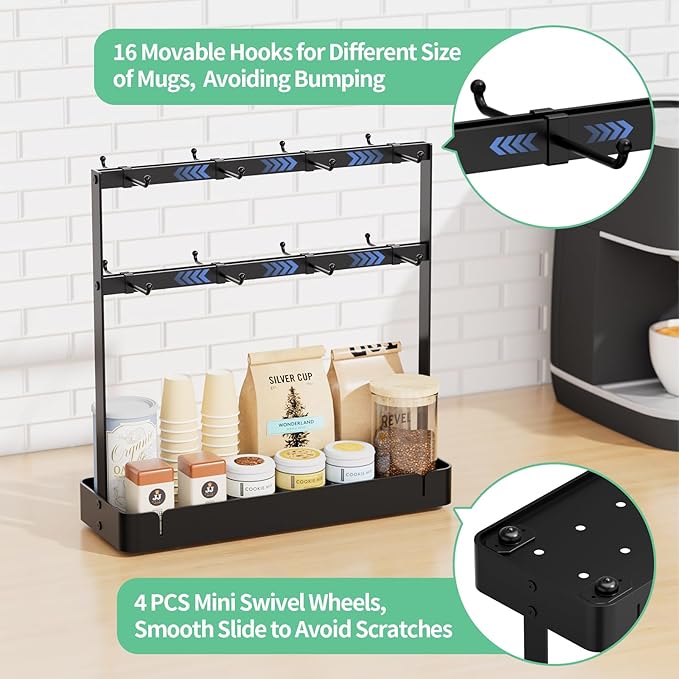 Coffee Mug Holder with 16 Movable Hooks, Metal Coffee Cup Holder for Countertop, 2 Tier Mug Rack with Storage Shelf for Kitchen Office Coffee Mug Rack