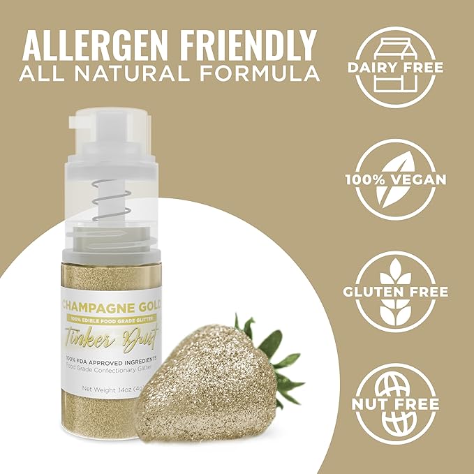 Bakell - Champagne Gold Tinker Dust Edible GLitter (4g, 1x Mini Spray Pump) for Food, Desserts, and Beverages!