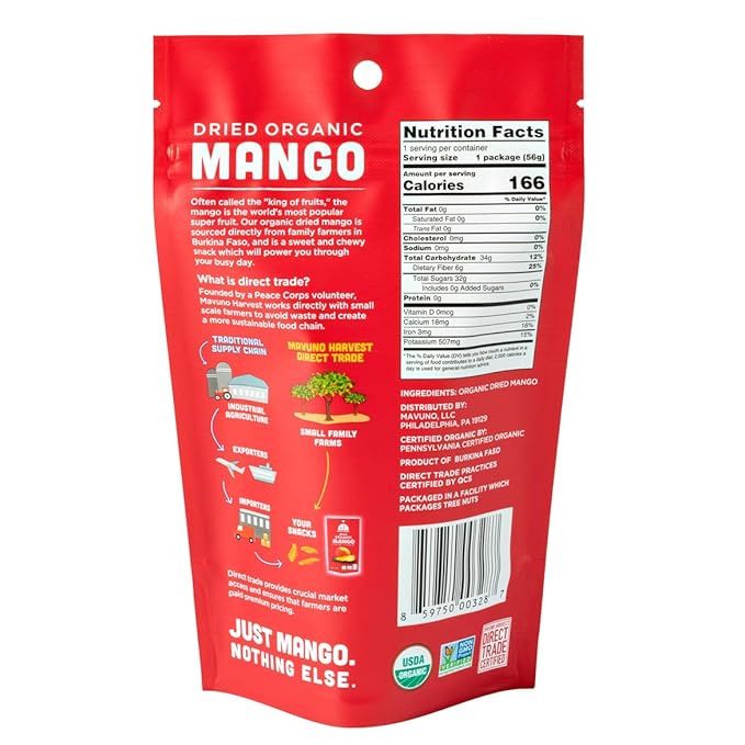 Mavuno Harvest Mango Dried Fruit Snacks | Unsweetened Organic Dried Mango Slices | Gluten Free Healthy Snacks for Kids and Adults | Vegan, Non GMO, Direct Trade | 2 Ounce, Pack of 6