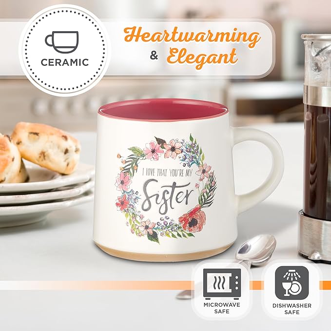 Christian Art Gifts Floral Pink Ceramic Coffee Mug – 14 oz. Microwave and Dishwasher-Safe Inspirational Scripture Coffee and Tea Mug for Women with Bible Verse: Love That You're My Sister –Eccles. 4:9