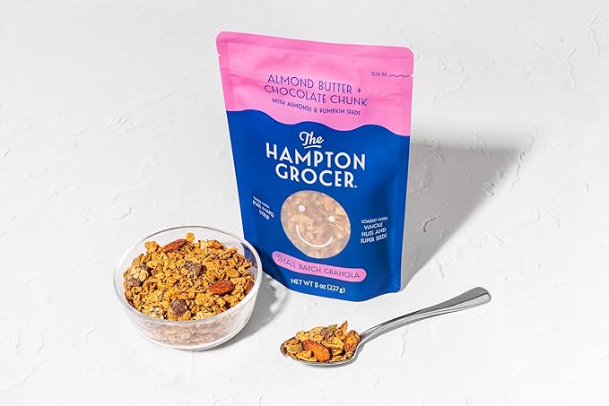 The Hampton Grocer Almond Butter & Chocolate Chunk Granola, 3 pack - Gluten-Free, Dairy-Free, Organic Oats & Pumpkin Seeds, Sweetened with Maple Syrup - Low Sugar, Crunchy, Small-Batch, 8oz