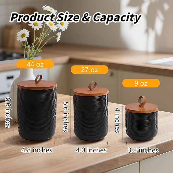 Food Storage Jar Strong Ceramic Storage Canisters with Airtight Wooden Lid,Kitchen Storage Containers for Serving Coffee Beans, Tea, Sugar, Salt, Spices (Little black)