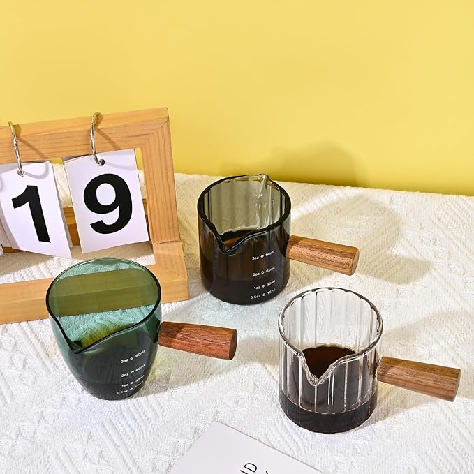 Glass Measuring Cup, 3oz Espresso Shot Glass with Wood Handle, Single Spout Clear Measuring Cups Pitcher Milk Cup Coffee Shot Glasses (Transparent Ribbed)