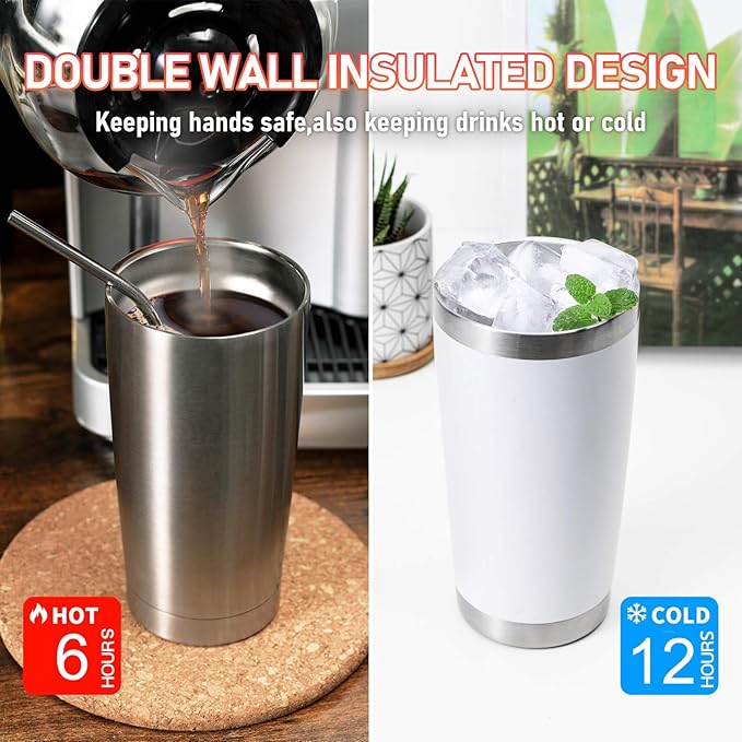 COMOOO 20oz 4Pack Double Wall Vacuum Insulated Travel Mug, Stainless Steel Tumbler with Lid, Durable Powder Coated Insulated Coffee Cup for Cold & Hot Drinks (Grey, 4 Pack)