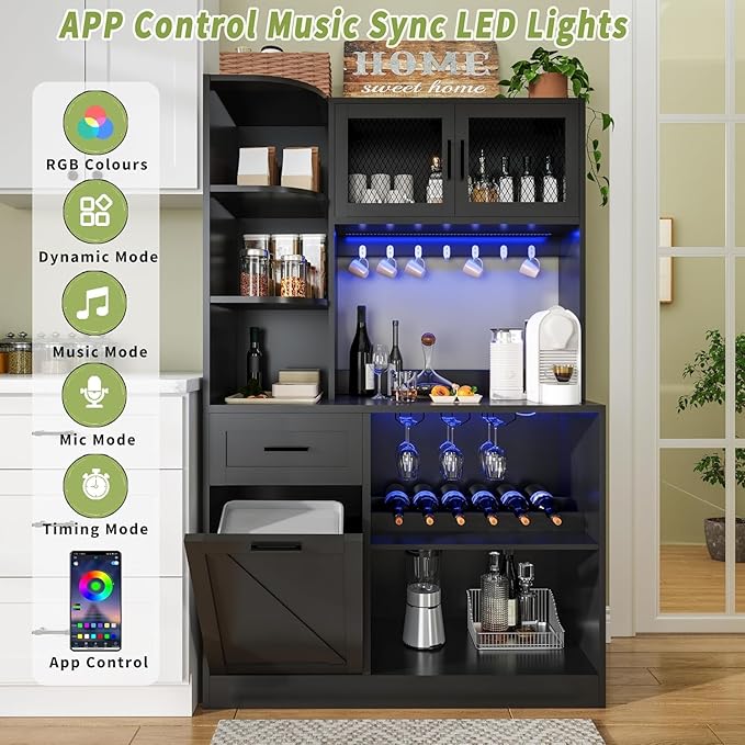 67.3" Tall Modern Black Kitchen Pantry Storage Cabinet with Drawer and Shelves, Tilt Out Trash Can, Coffee Bar Wine Cabinet with LED Lights and Power Outlet, Wine Glass Rack, 2 Mesh Doors
