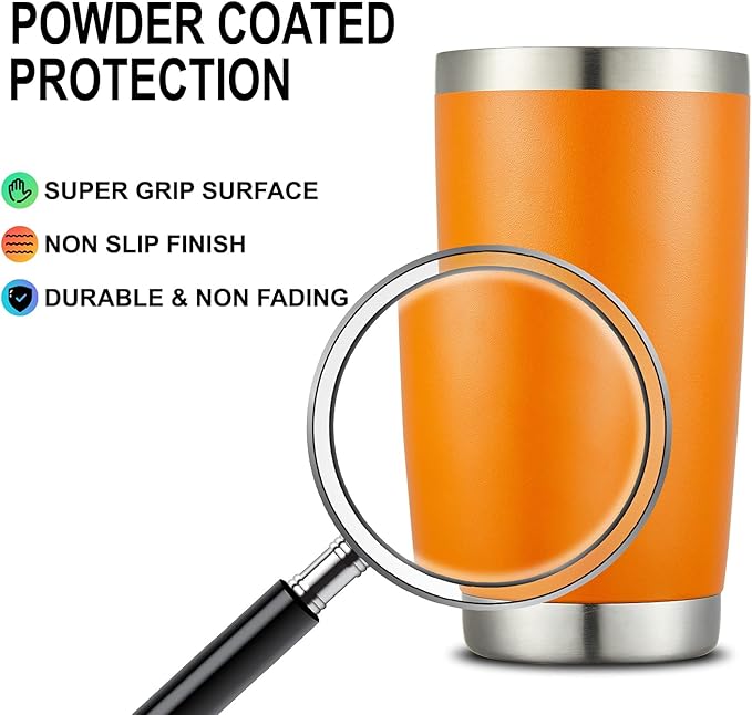 COMOOO 20oz Tumbler Bulk Double Wall Vacuum Insulated Travel Mug, Stainless Steel Tumbler with Lid and Straw Durable Powder Coated Insulated Coffee Cup for Cold & Hot Drinks (Orange, 2 pack