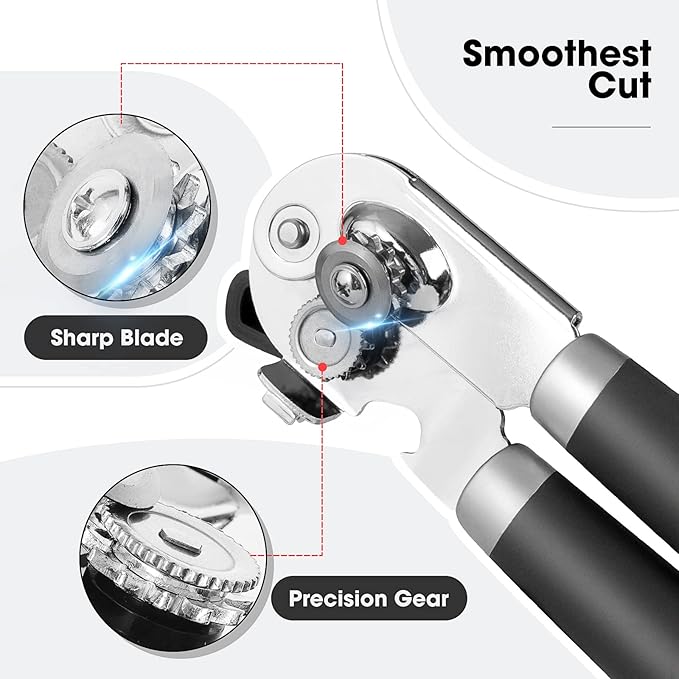 Beneno Can Opener Manual with Magnet, Hand Held Heavy Duty Can Opener with Durable Sharp Blade Smooth Edge, Big Effort-Saving Knob, Soft Grip Rubber Handle, Multifunctional Bottle Opener, Black