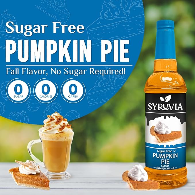 Syruvia Sugar Free Pumpkin Pie Coffee Syrup, Flavored Syrup for Drinks, Lattes, and Desserts – 25.4 fl oz, With Pump
