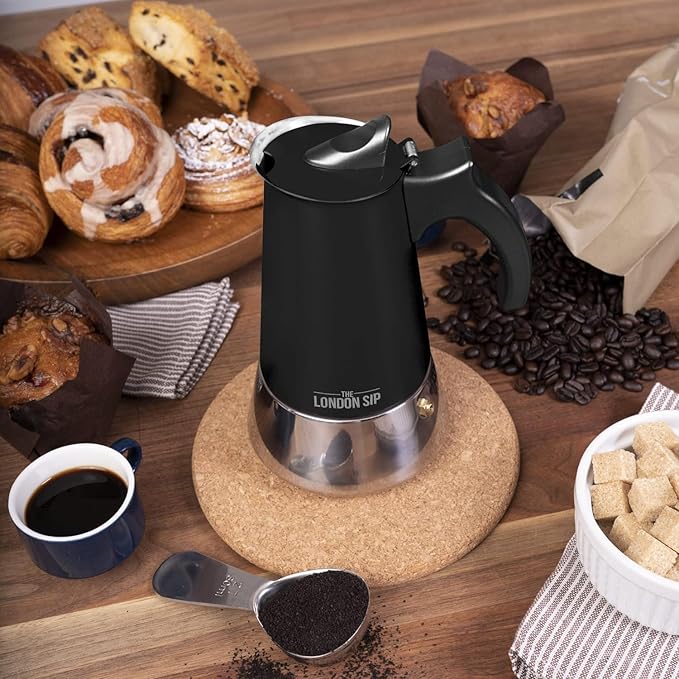 London Sip Stainless Steel Stovetop Espresso Maker Moka Pot Italian Coffee Percolator, Matte Black, Small (5.07 oz)