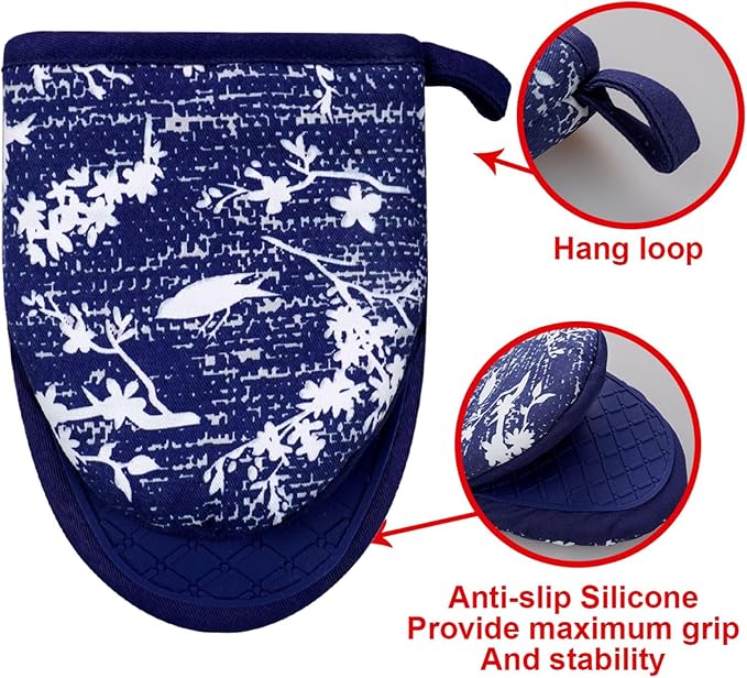 Mini Silicone Oven Mitts, Heat and Slip Resistant Kitchen Gloves 2-Pack Set, Birds Flower Soft Short Oven Mittens, Flexible Thick Pot Holders for Safe Cooking Baking and Grilling (Navy)