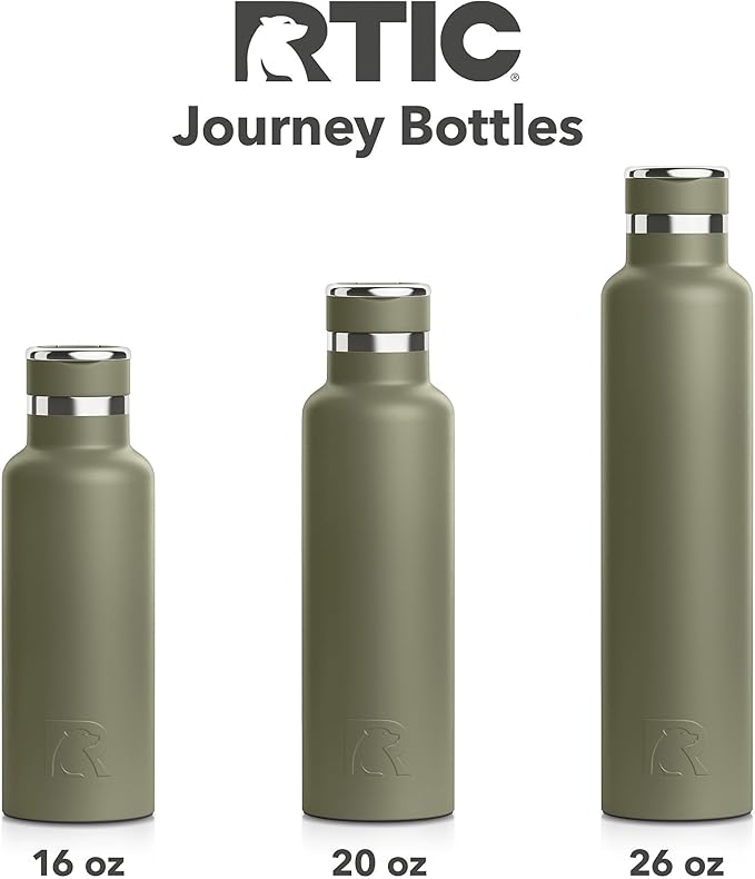 RTIC 20oz Journey Bottle Metal Stainless Steel Vacuum Insulated, BPA Free, Reusable, for Water, Hot and Cold Drinks, Travel, Sports, Camping, Olive