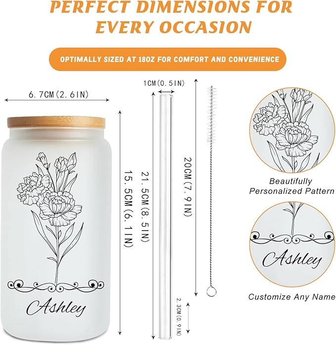 Mason Life Personalized Glass Cup with Name-Can Shaped Glass with Lids and Straws-18OZ Iced Coffee Cups (Birthflower)