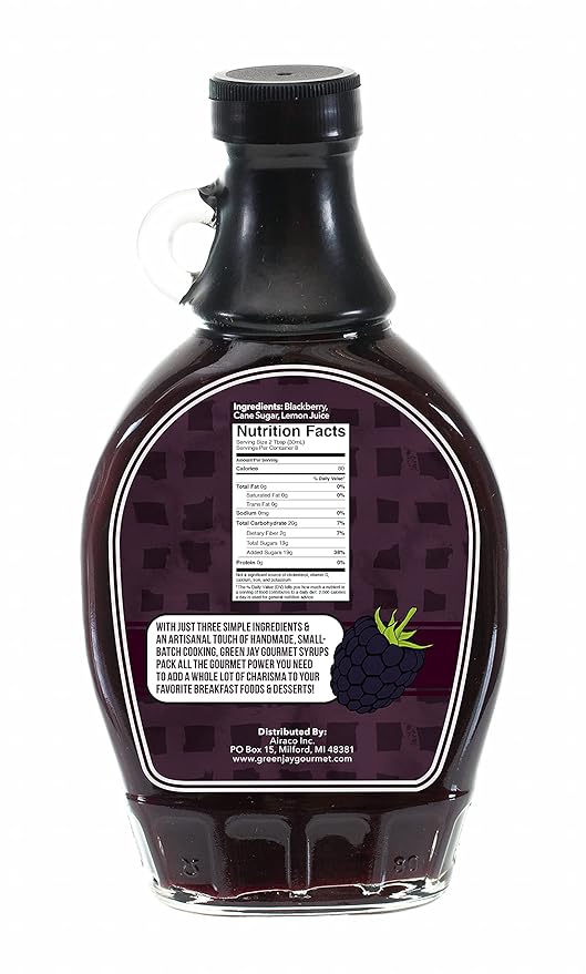 Green Jay Gourmet Blackberry Syrup - 3 Ingredient Premium Breakfast Syrup with Fresh Blackberries, Cane Sugar, Lemon Juice - All-Natural, Non-GMO Pancake Syrup, Waffle Syrup, Dessert Syrup - 8 Ounces