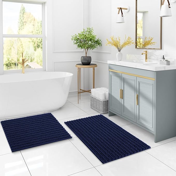 Arotive Luxury Chenille Bathroom Rug Mat, Extra Soft Thick Absorbent Shaggy Bath Rugs, Non-Slip Machine Wash Dry, Plush Bath Mats for Bathroom, Shower and Tub, 44x24, Navy