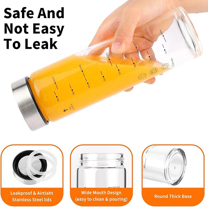 Glass Juice Bottles 4 Pack 10 oz - Wide Mouth Glass Water Bottles with Lids - for Juicing, Protein, Smoothie, Milk, Reusable, BPA Free, Stainless Steel Lids, Blender, Shaker Bottle [10oz/300ml]