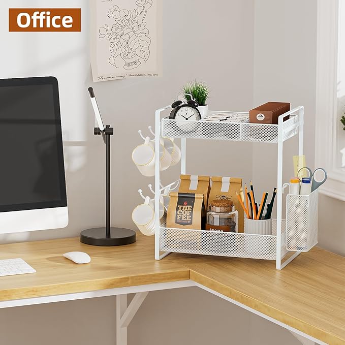 VITVITI Coffee Bar Organizer with Mug Holder, Metal Coffee Station Organizer for Countertop, 2 Tier Cup Mug Holders Rack with Basket for Kitchen Office, Black