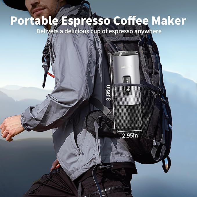 Stainless Steel Portable Espresso Maker | 7500mAh Rechargeable Battery | 20 Bar Self-Heating with USB-C | Works with Most Capsules Compatible for Camping, Travel, Outdoor (Silvery)