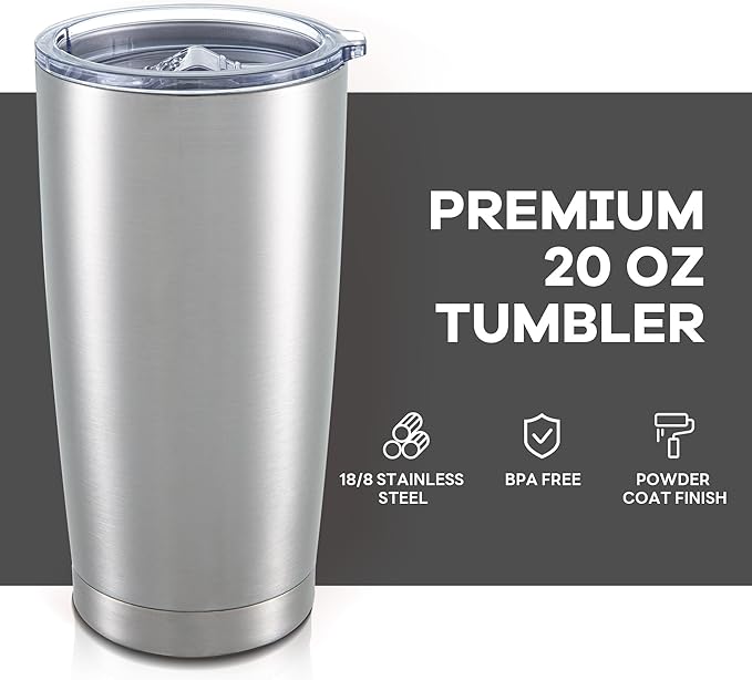 20 oz Tumbler with Lid Stainless Steel Insulated Tumblers Bulk Double Wall Vacuum Cups Powder Coated Travel Mug Keep Drink Cold and Hot, Stainless Steel, 8 Pack