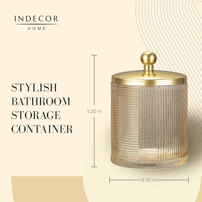 Glass Jar with Metal Lid for Bathroom Organization, Clear Apothecary Jar for Cotton Balls, Q Tips, and Small Accessories, Stylish Bathroom Storage Container Tan, Gold