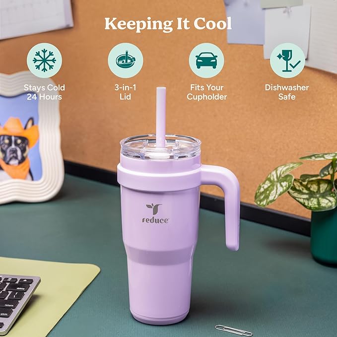 Reduce 24 oz Stainless Steel Tumbler with Handle - Dual-Wall Vacuum Insulated Travel Mug, Sweat-Proof Lid & Reusable Straw - Keeps Drinks Cold for 24 Hrs, Fits Cupholders, Dishwasher Safe-Ocean Breeze