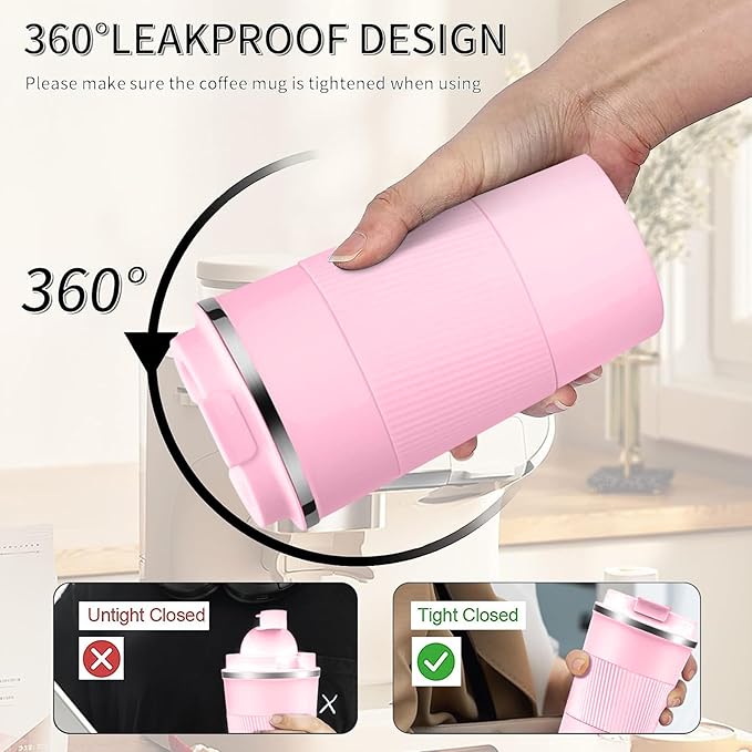 YINBAOGE Insulated Travel Coffee Mug Spill Proof Leak Proof Pobtable To Go Camping Stainless Steel Coffee Tumbler Reusable Coffee Cups with Lids Thermos for Hot and Cold Drink (Pink, 12 OZ)