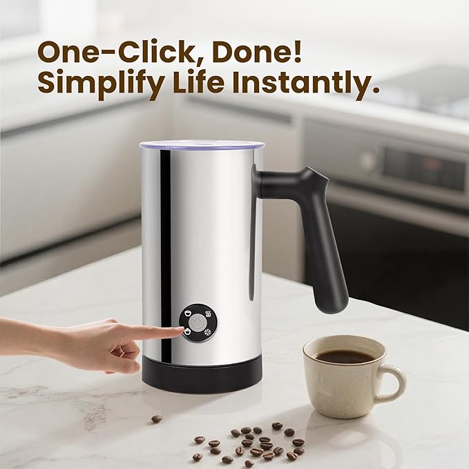 Milk Frother, 4-in-1 Milk Frother and Steamer, 10.6oz Electric Milk Steamer, Automatic Cold and Hot Foam maker for Lattes, Cappuccinos, Non-stick Coating Interior (Polished)
