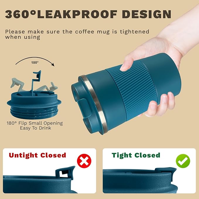 Vacuum-Insulated Stainless Steel Travel Coffee Mug, Leak-Proof Reusable Coffee Cup with Lid - Keep Hot & Cold Drinks for Hours, Durable Thermos Tumbler for Men & Women (3rd-Blue, 17OZ)