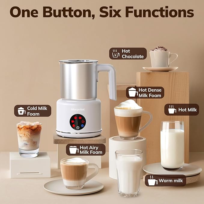 Large Electric Milk Frother and Steamer, 16.9oz/500ml Milk Steamer and Frother for Latte or Hot Chocolate, Dishwasher Safe, 6 Functions, Enjoy Perfect Milk Froth in 2 Min (White-Stainless Steel)