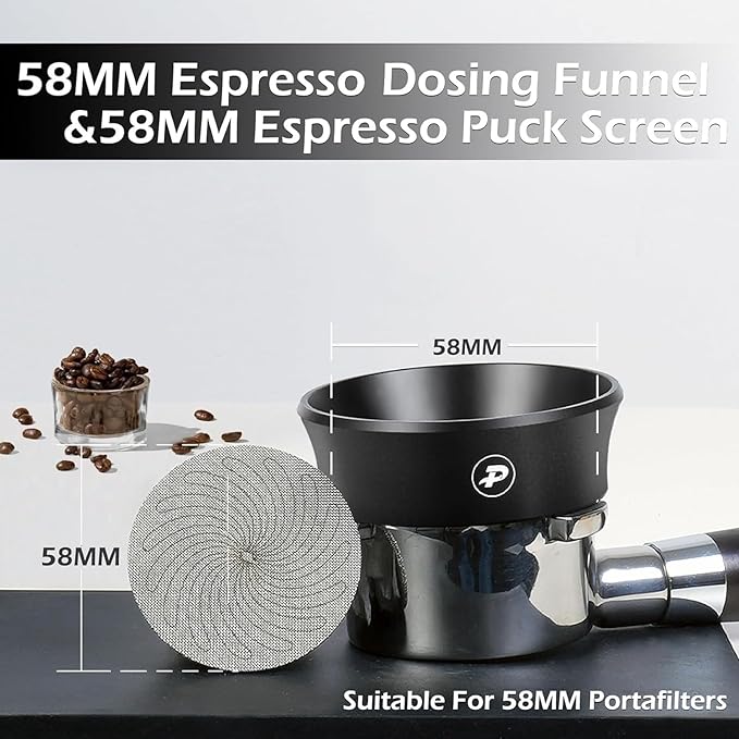 PUSEE 58mm Magnetic Dosing Funnel & Puck Screen Set 8 Magnetic Espresso Coffee Dosing Ring Reusable 1.7mm Puck Screen 316 Stainless Steel Fits All 58mm Portafilters Espresso Tools Espresso Accessories