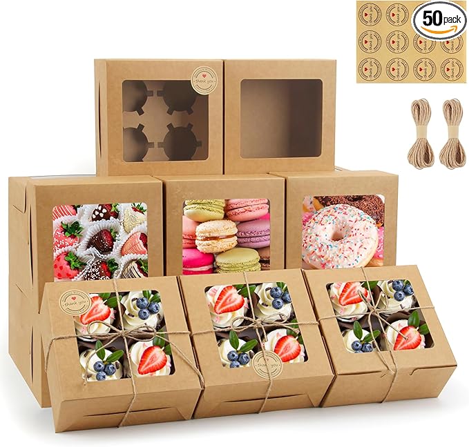 OAMCEG 50 PCS Cookie Boxes with Window, 6x6x3 Inch Cupcake Boxes, Brown Bakery Containers for Pastry, Dessert, Chocolate Strawberries, Treat Boxes with Stickers & Jute Twine