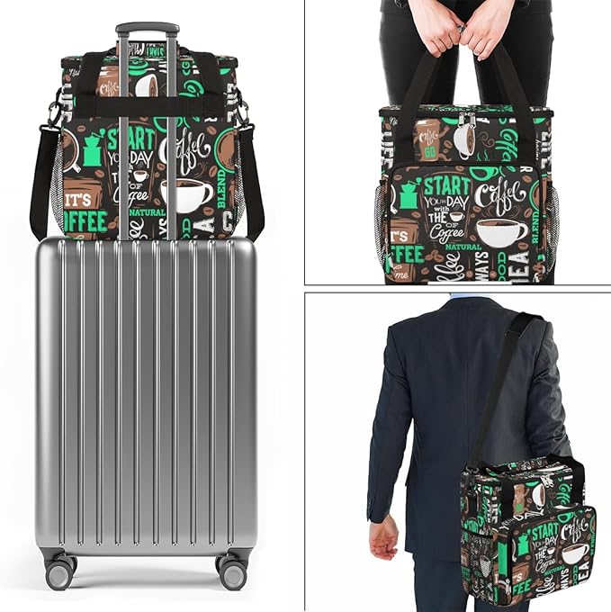 Turquoise Start Your Day With Coffee Coffee Maker Carrying Bag, Coffee Machine Travel Storage Tote Bag Compatible with K-Mini or K-Mini Plus, Portable Single Serve Coffee Brewer Case with Pockets