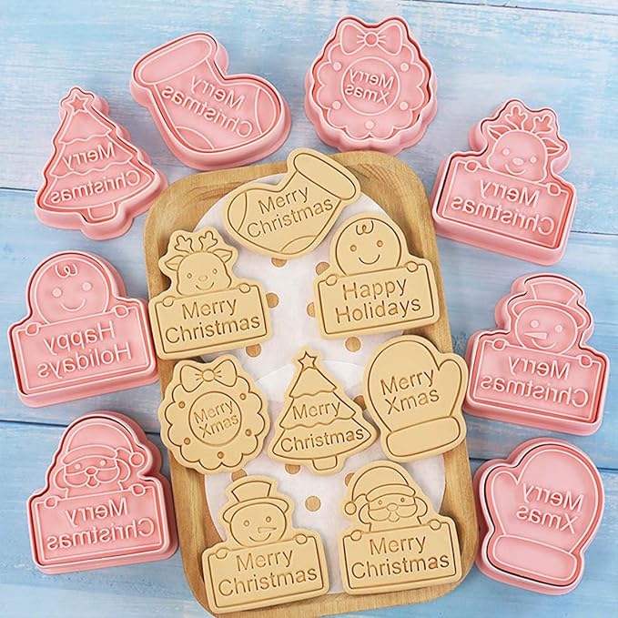8 Piece Christmas Cookie Cutters, 3d Raised Design Gingerbread Cookie Stamps, Cookie Cutter Set suitable for Frosting Decoration, Mini Pie Molds, Apple Pie Pastry Biscuit Cutter (Christmas-F)
