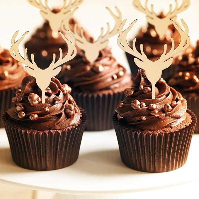 Wooden Deer Cupcake Toppers Antler Cake Picks Wedding Baby Shower Birthday Hunting Rustic Country Party Cake Decoration Supplies 24 Counts