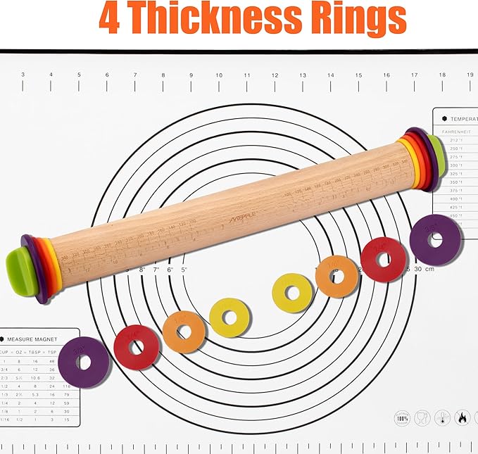Rolling Pin with Thickness Rings for Baking,Fondant, Pizza, Pie Crust, Cookie, Pastry, Roller Rod for Dough Thickness, 13.6" Adjustable Wooden Rolling Pin with 4 Thickness Rings