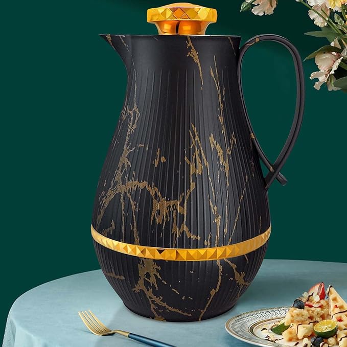 Insulated Thermal Coffee Carafe, 33 oz, Luxury Arabic-Style Insulated Carafe Flask, Coffee Tea Pot, with Spout and Glass Liner for Hot Cold Water, Housewarming Ornaments (Black and Gold)
