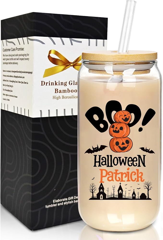 Personalized Halloween Tumbler-Boo Basket Stuffers- Can Shaped Glass with Lids and Straws18OZ -Halloween Gifts for Men Women Kids Son Daughter