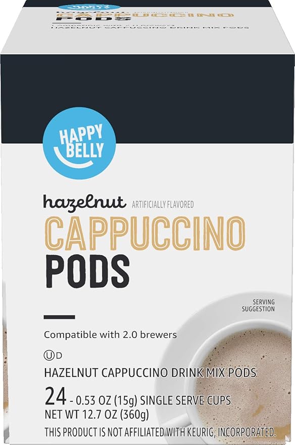 Amazon Brand - Happy Belly Light Roast Cappuccino Coffee Pods, Hazelnut Flavored, Compatible with K-Cup Brewers, 24 Count (Pack of 2)