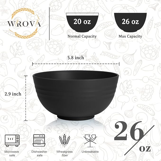 Wheat Straw Camping Bowls Sets of 6,Unbreakable 26oz Lightweight Bowls Sets for Outdoors Activity,Breakfast Bowls for Cereal and Salad.Black Series