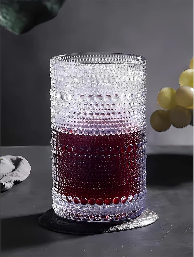 2 Pcs Iced Coffee Glasses Cups with Bamboo Lids and Straws,12 oz Thick Emboss Beaded Drinking Glass Cup Set,Latte Glasses,Ideal for Water,Soda,Gift - with Cleaning Brushe