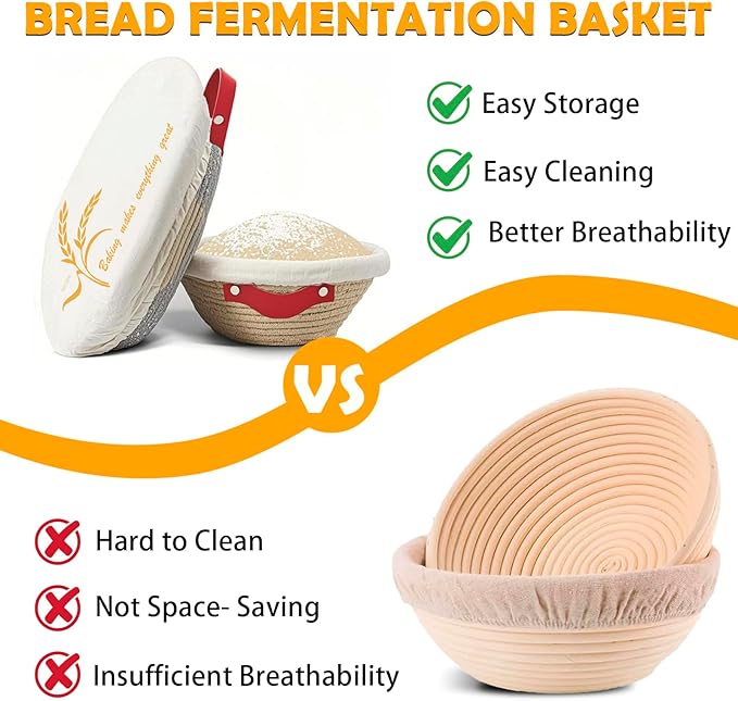 Handmade Cotton Rope Banneton Bread Proofing Basket Set,Oval & Round Bread Baskets - With Liner & Cloth Cover，for Home Sourdough Bakers Baking